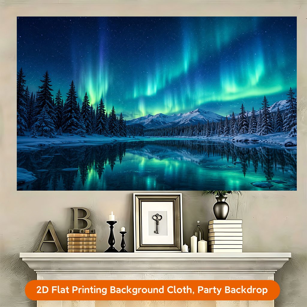 2D Flat Stunning Aurora Over Snowy Landscape Background Cloth Banner
